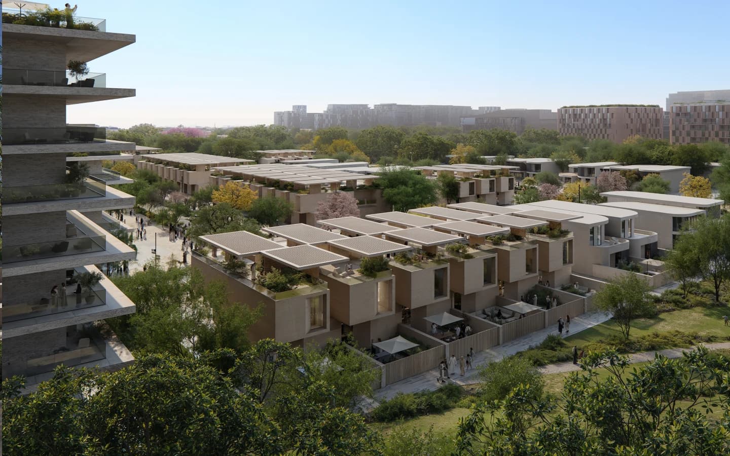 Expo Hills district master plan visual, Expo City Dubai — tranquil living with open spaces and skyline views