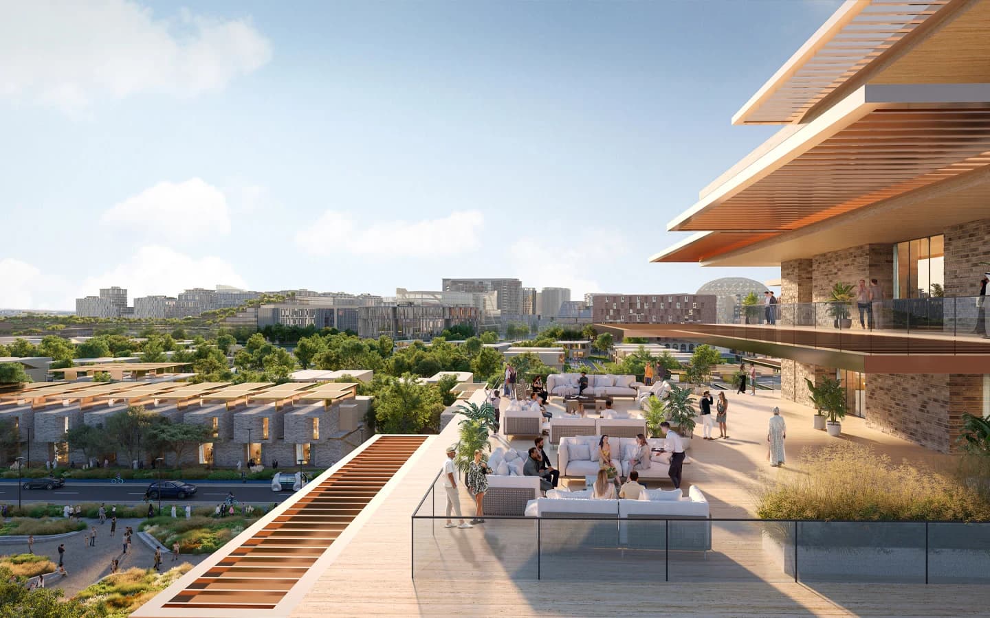 Expo Hills district master plan visual, Expo City Dubai — tranquil living with open spaces and skyline views