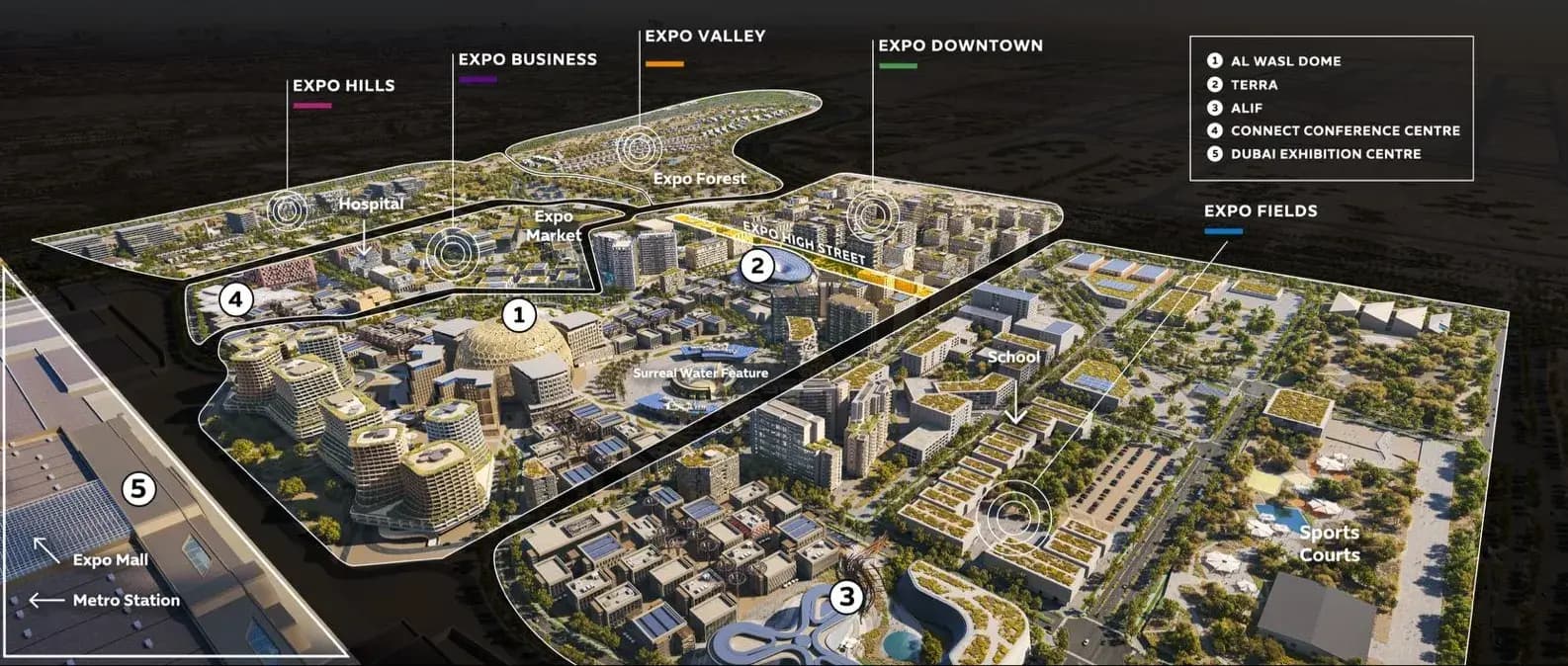 Expo City Dubai masterplan showing Expo Valley and key city destinations