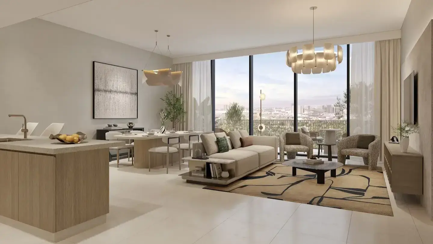 Bright living and dining interior with balcony view at Expo Valley Views Dubai