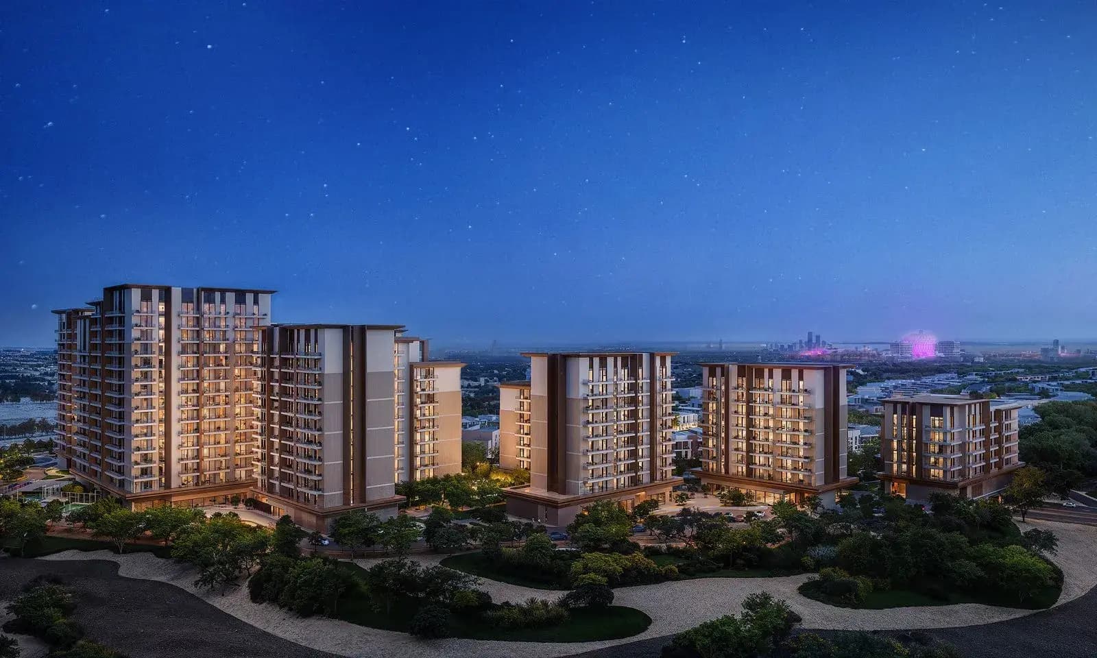 Expo Valley Views residential buildings at Expo City Dubai at night
