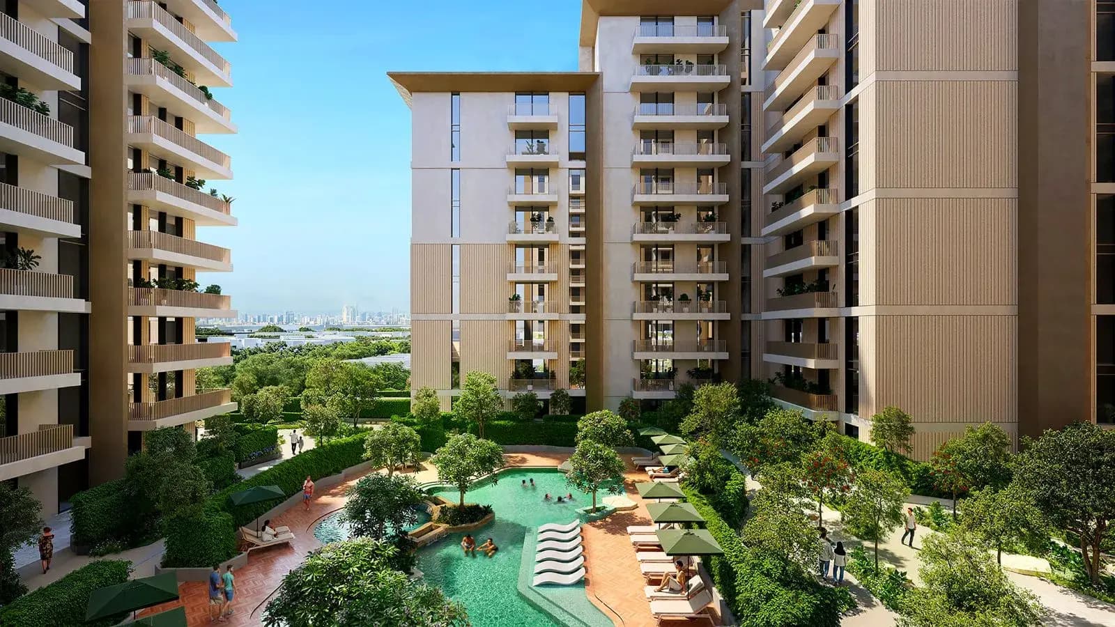 Infinity-edge swimming pool and landscaped courtyard at Expo Valley Views