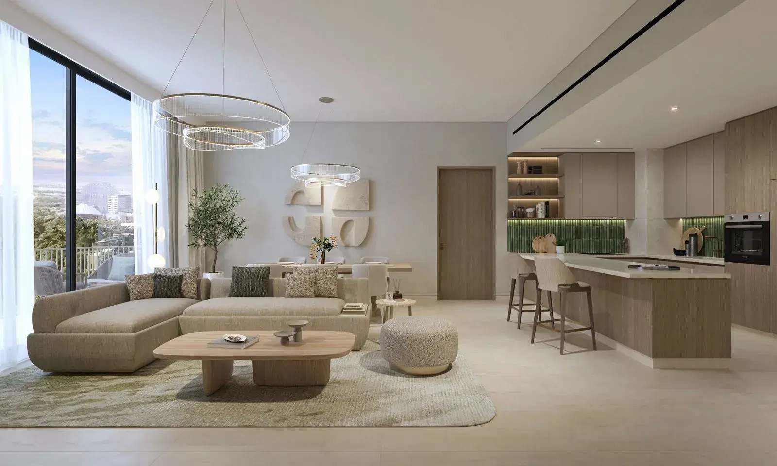 Open-plan living room and kitchen in an Expo Valley Views apartment