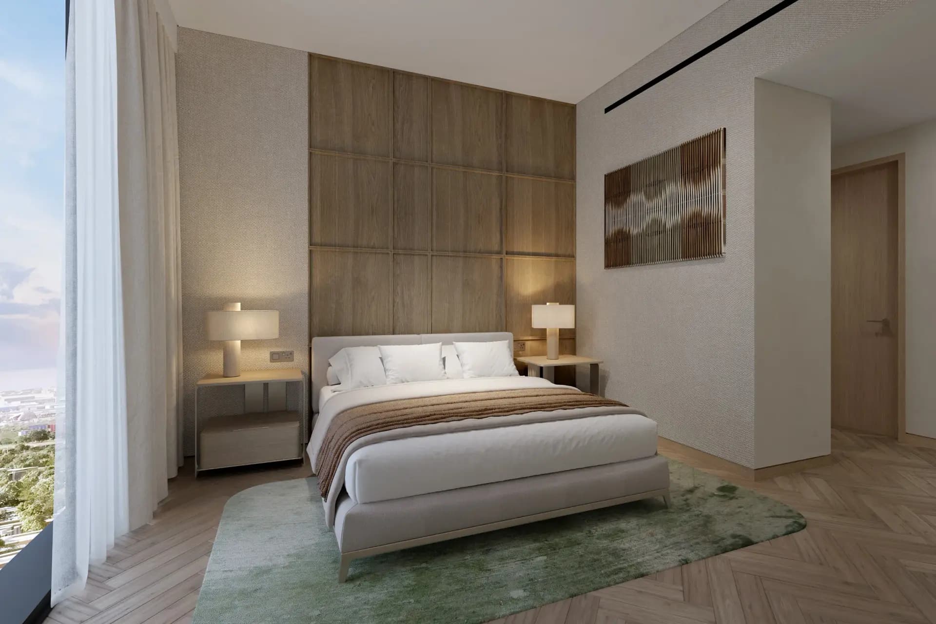 Calm Canvas interior palette — master bedroom, Expo Valley Views Ghadeer