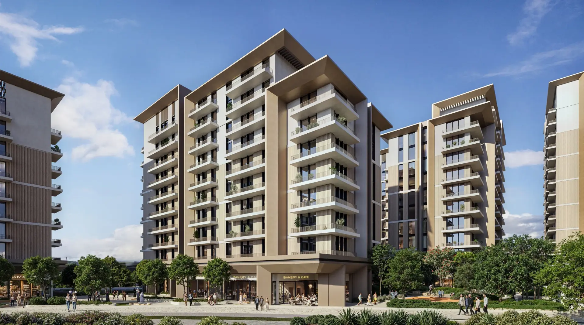 Roudah building facade evening view — nature-inspired architecture at Expo Valley Views, Expo City Dubai