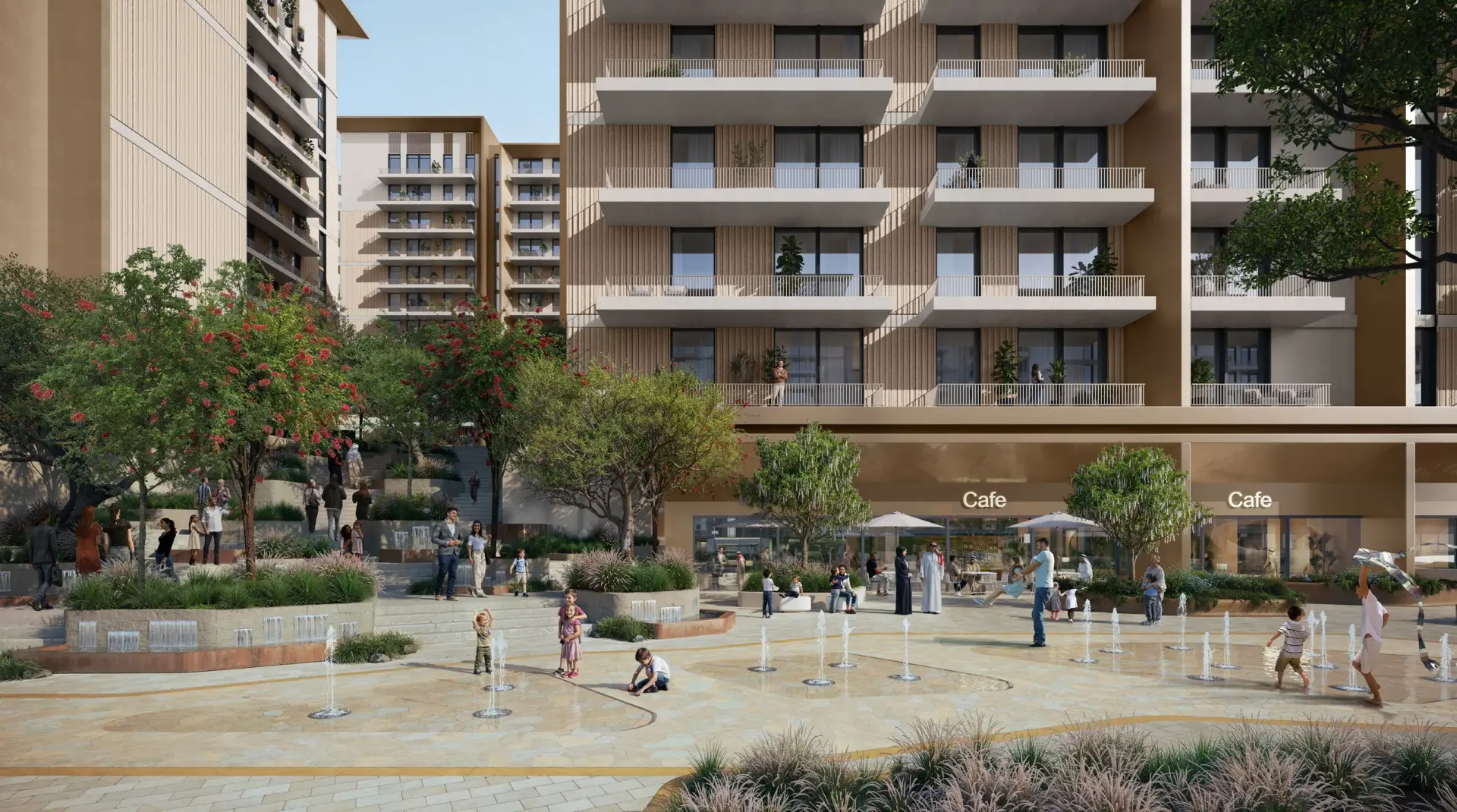 Roudah community plaza and cafés at Expo Valley Views — social gathering spaces in Expo City Dubai