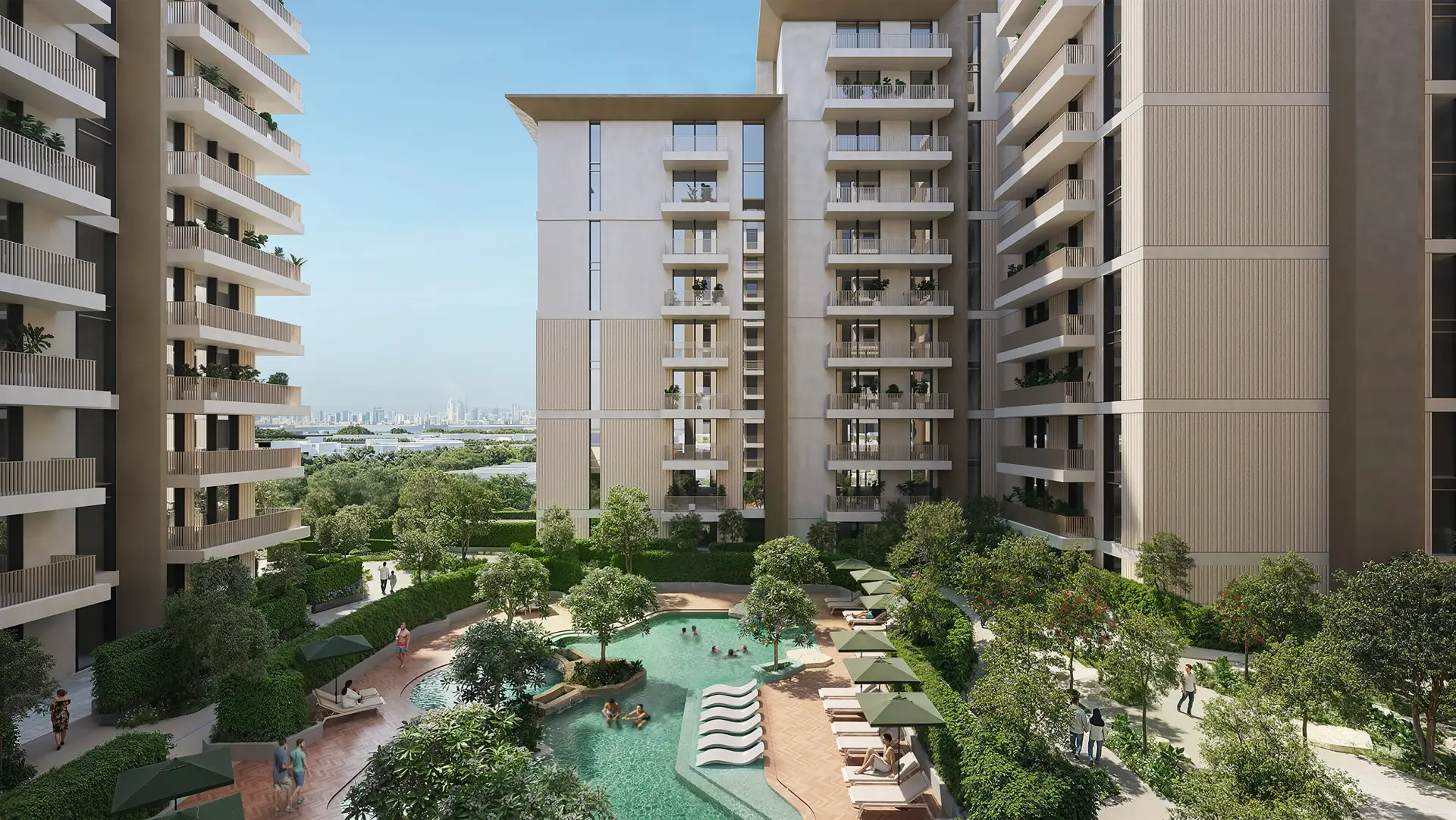 Roudah infinity edge pool and podium deck — Expo Valley Views, Expo City Dubai