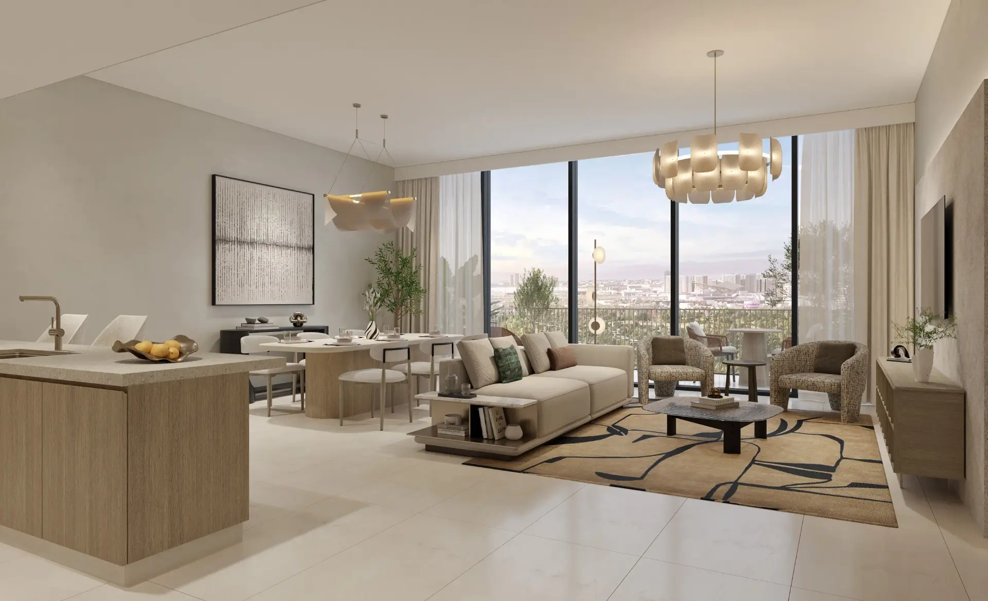 Roudah Timeless Elegance interior palette — monochrome living room with floor-to-ceiling windows overlooking Expo City Dubai